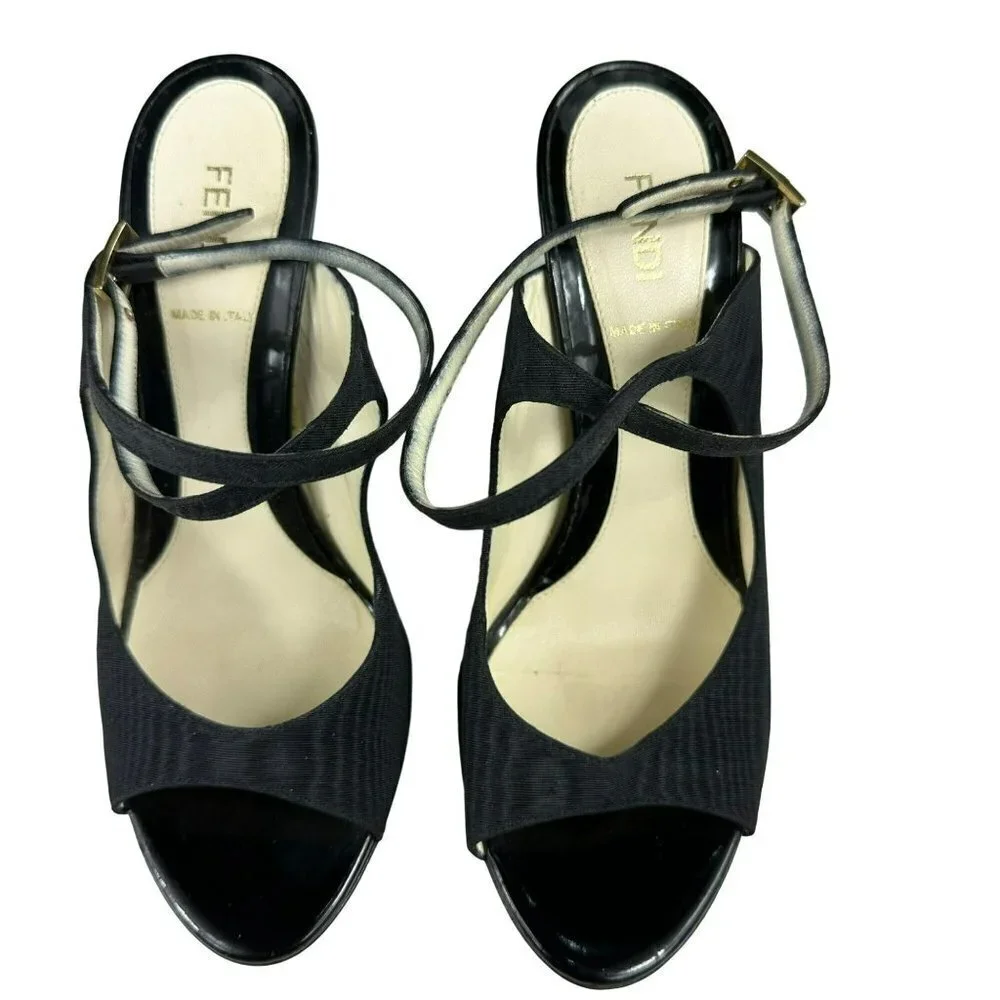 Fendi Designer Shoes Black Satin Open Toes Sandals 38.5 /‎ 7.5